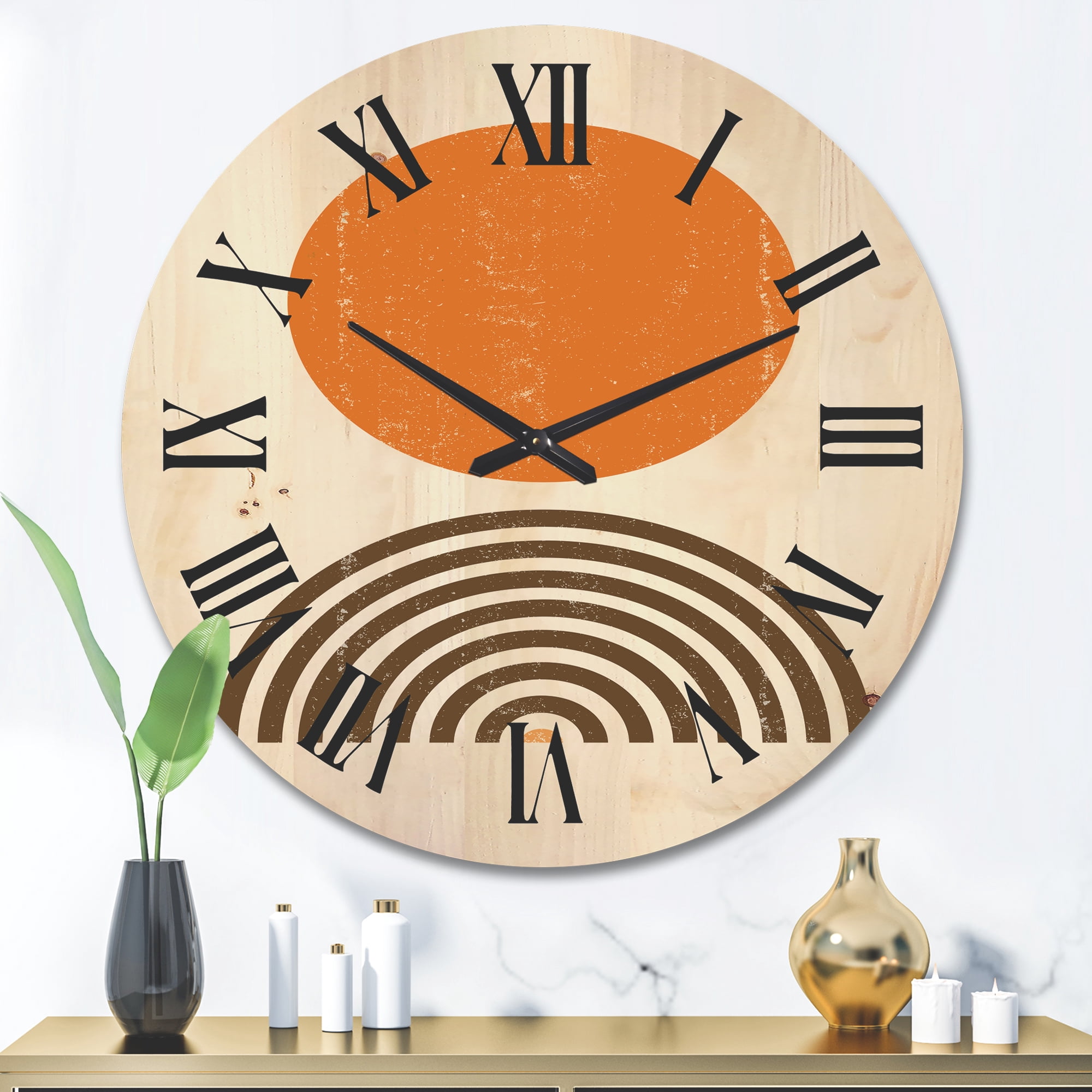 Designart 'Abstract Minimal Rainbow and Orange Sun I' Modern Wood Wall Clock