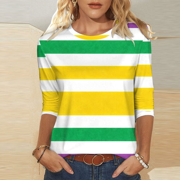 Mifsaly Mardi Gras Shirt for Women Color Block Print Crewneck 3/4 Sleeve Blouse Lightweight Dressy Casual T-Shirts Baggy Festival Carnival Pullover Tops Spring Summer Funny Party Basic Outfits L