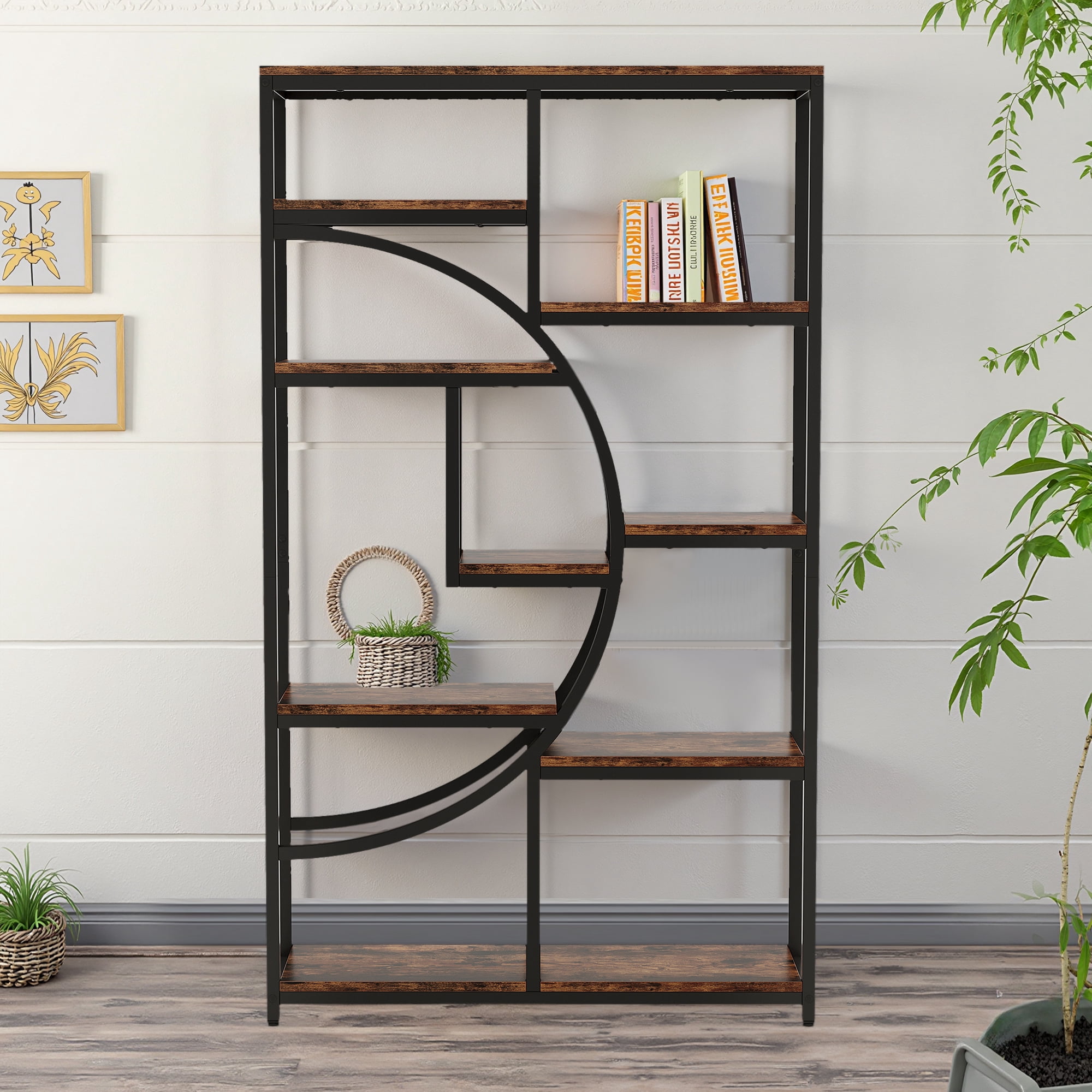 MAYEERTY Industrial Half-Moon Etagere Bookcase, 68.9" 9 Open Storage Shelves Display Rack for Living Room, Bedroom & Home Office
