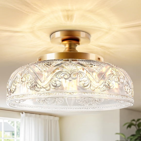 Slypadan Semi Flush Mount Ceiling Light, 12 Inch Large Gold Ceiling Light Fixture, 3-Light Globe Glass Farmhouse Kitchen Lighting