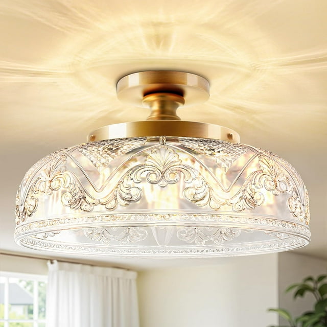 Slypadan Semi Flush Mount Ceiling Light, 12 Inch Large Gold Ceiling Light Fixture, 3-Light Globe Glass Farmhouse Kitchen Lighting