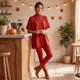 thumbnail image 4 of Szluipve 2 Piece Sets for Women 2 Piece Knit Loungewear Set Turtleneck Short Sleeve Oversized Tunic Top & Ribbed High Waist Leggings Casual Loose Fall Winter Outfit Suit Red S, 4 of 7