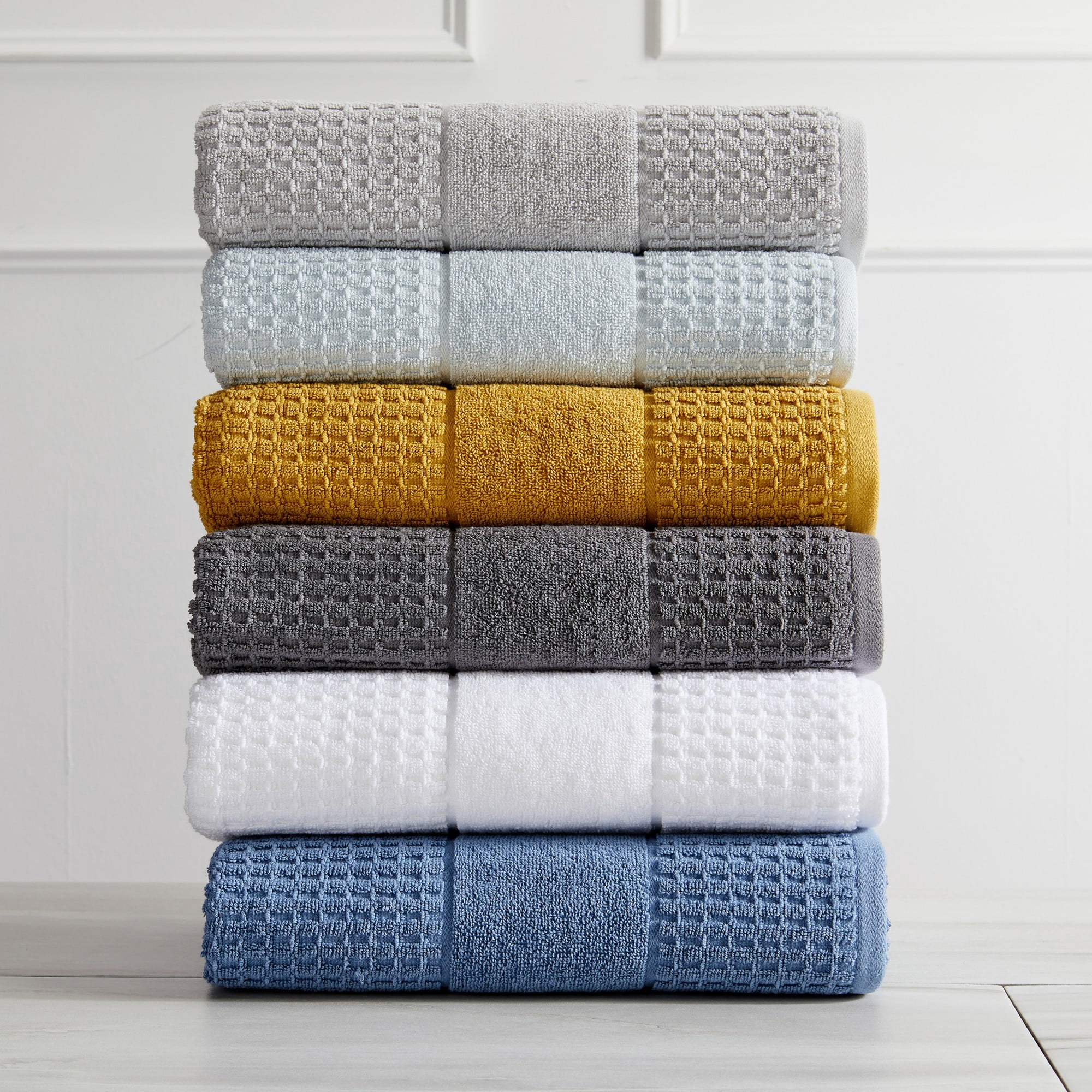 Market & Place 100% Cotton Waffle Weave 4-Piece Bath Towel Set, Denim Blue
