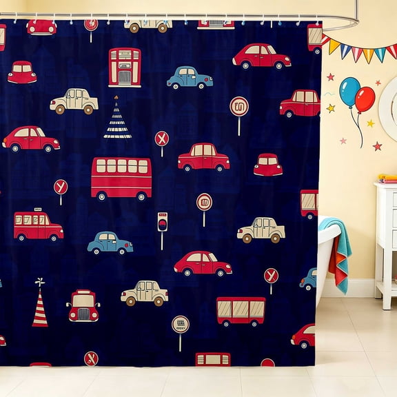 Erosebridal Cartoon Car Shower Curtain 72Wx72L, Automobile Bathroom Curtain, Navy Blue