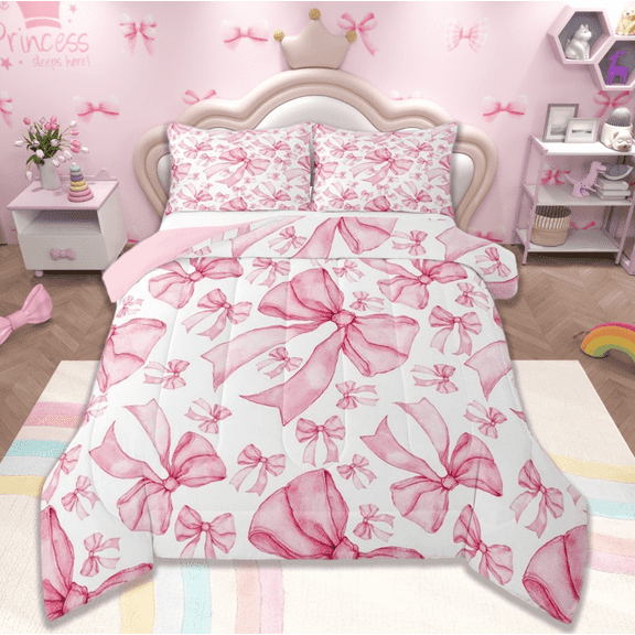 jejeloiu Ribbon Bow Tie Bedding Comforter Set,Graffiti Bowknot Twin Comforter Sets,White Pink Bedding Set,Lightweight Room Decorative Reversible,3-Piece