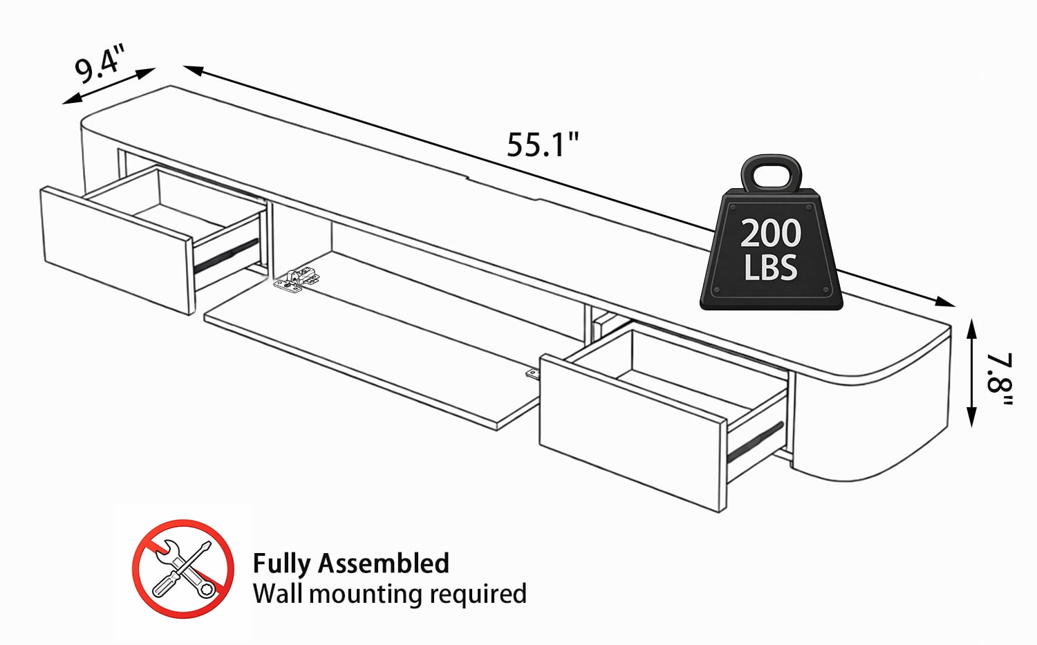 Modern Floating TV Unit with LED Lighting | Wall-Mounted Entertainment Media Console | Large Storage TV Bench for Living Room & Office (Black, 55.1'')