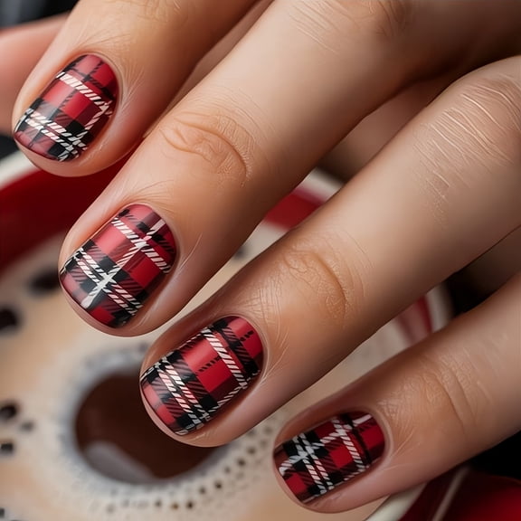 24 Pieces Black and Red Plaid Press on Nails Set - Elegant Matte Finish for Women, Easy Application and Removal