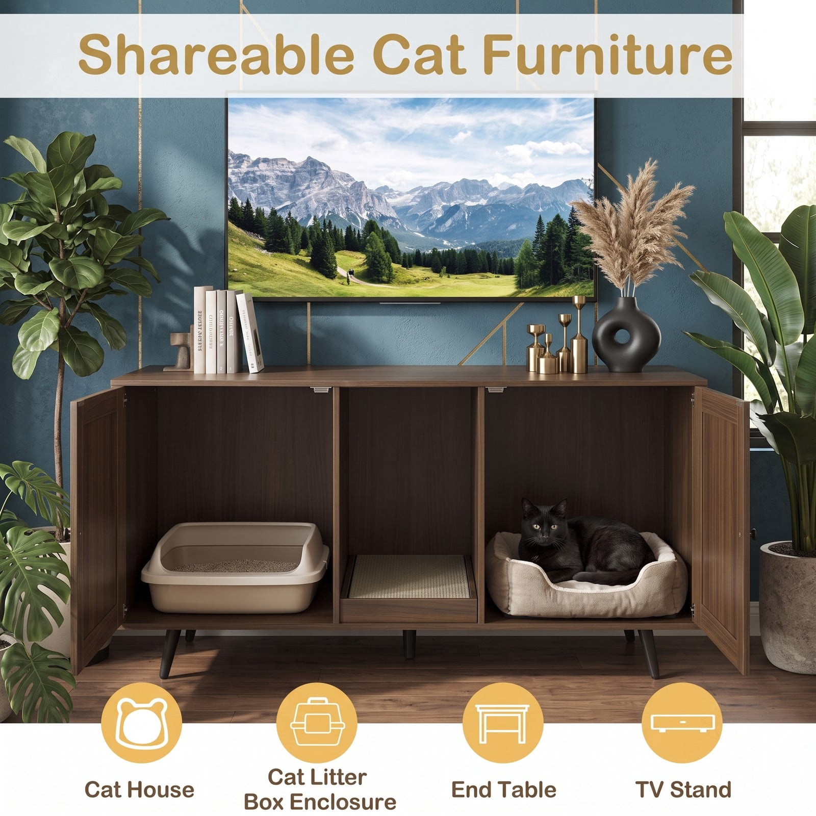 ALPULON Double Cat Litter Box Enclosure for 2 Cats, Wooden Hidden Cat Washroom Furniture with Scratching Pad and Double Rooms, Enclosed Kitty House Side Table, Walnut