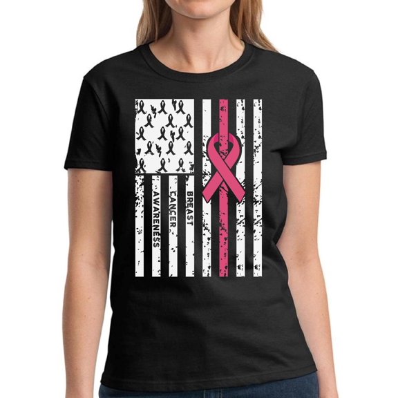 Cancer Tshirt for Women - Breast Cancer Awareness Month October USA Flag Ribbon Tee