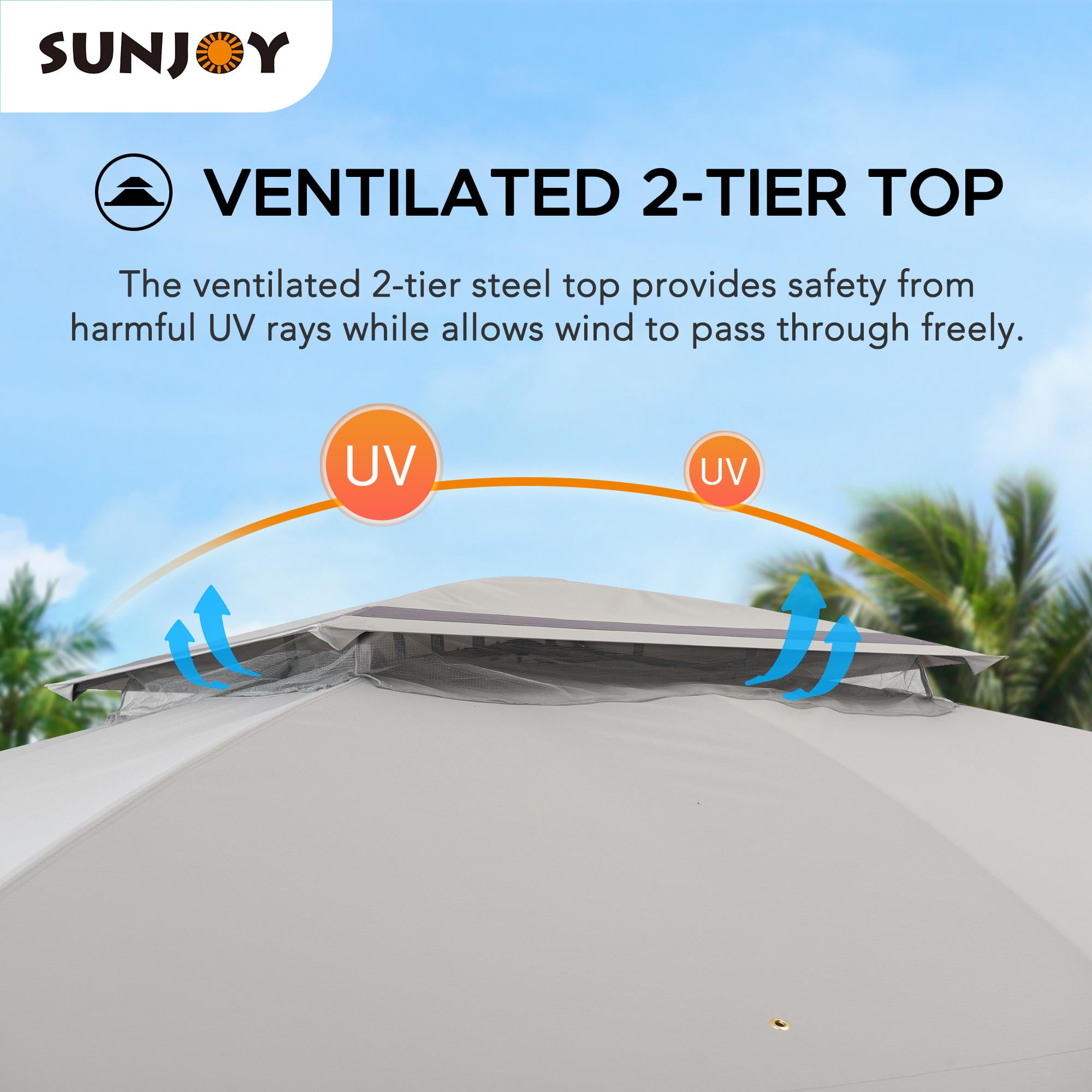 Sunjoy 11 x 13 ft. Gazebo with 2-Tier Gray Canopy Roof, Outdoor Steel Frame Soft Top Gazebo with Netting and Curtains