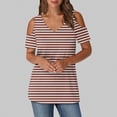 thumbnail image 2 of Olyvenn Women V Neck Cold Shoulder Tops V Neck Striped Short Sleeve T Shirts Loose Tops Sexy Casual Blouse 2025 Trendy Tshirt Brown M, 2 of 6