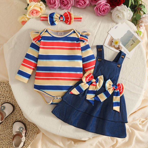 MEZZALL Girls Long Sleeve Striped O-Neck Romper Bodysuit Bowknot Suspender Skirts Outfit Sets Classic Clothes Sets