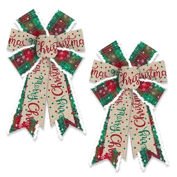 Hying 2PCS Merry Christmas Bow for Wreath, Red Green Plaid Wreath Bow for Christmas Décor