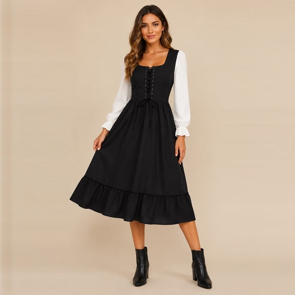 Women's Renaissance Costume Medieval Lace Up Corset Dress Long Sleeve Peasant Dress Renaissance Faire Festival Halloween Outfit, Black L