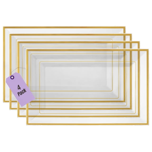 Yumchikel-Clear Gold Plastic Serving Tray for Party, 8" x 13 Platters for Serving Food 4 pack