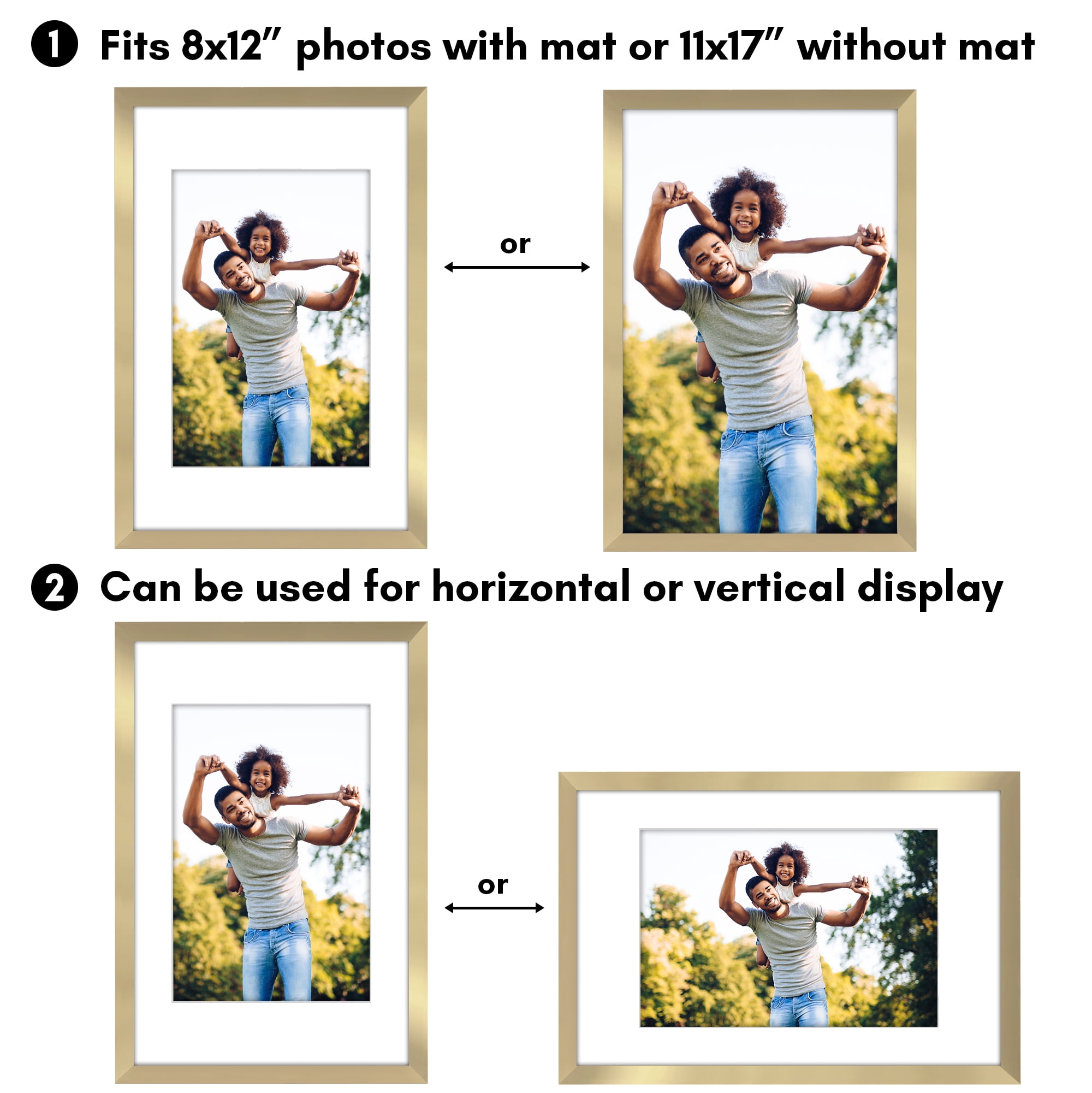 Americanflat 11x17 Picture Frame with Polished Plexiglass with 8x12 Mat 2 Pack Display Photo Galleria - Gold