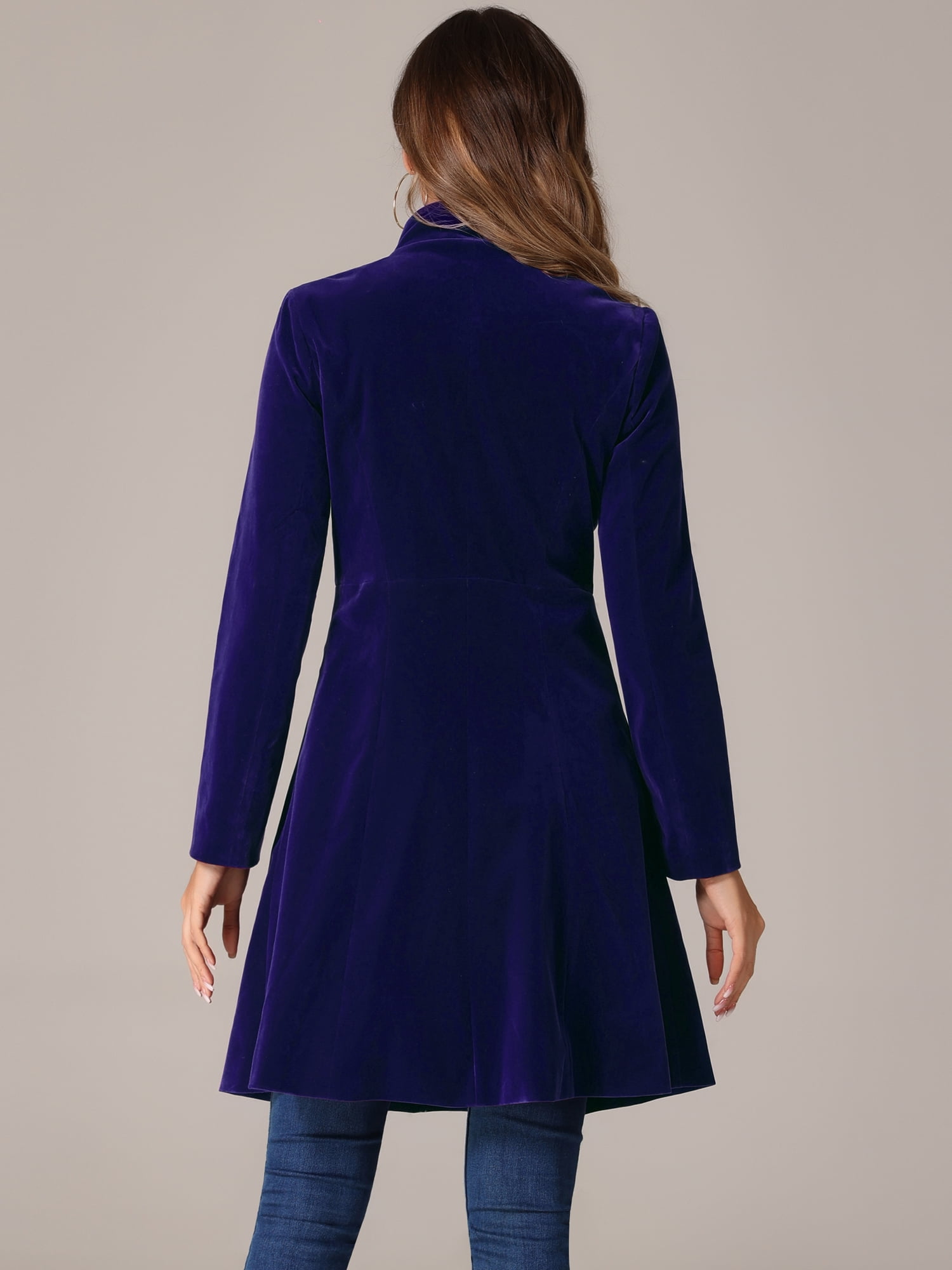 DARING DIVA Velvet A-Line Stand Collar Double Breasted Trench Coats S Dark Blue