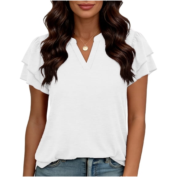 Posijego Women's Dressy V Neck Blouses Ruffled Tiered Short Sleeve Loose Casual Summer Tunic Tops for Women