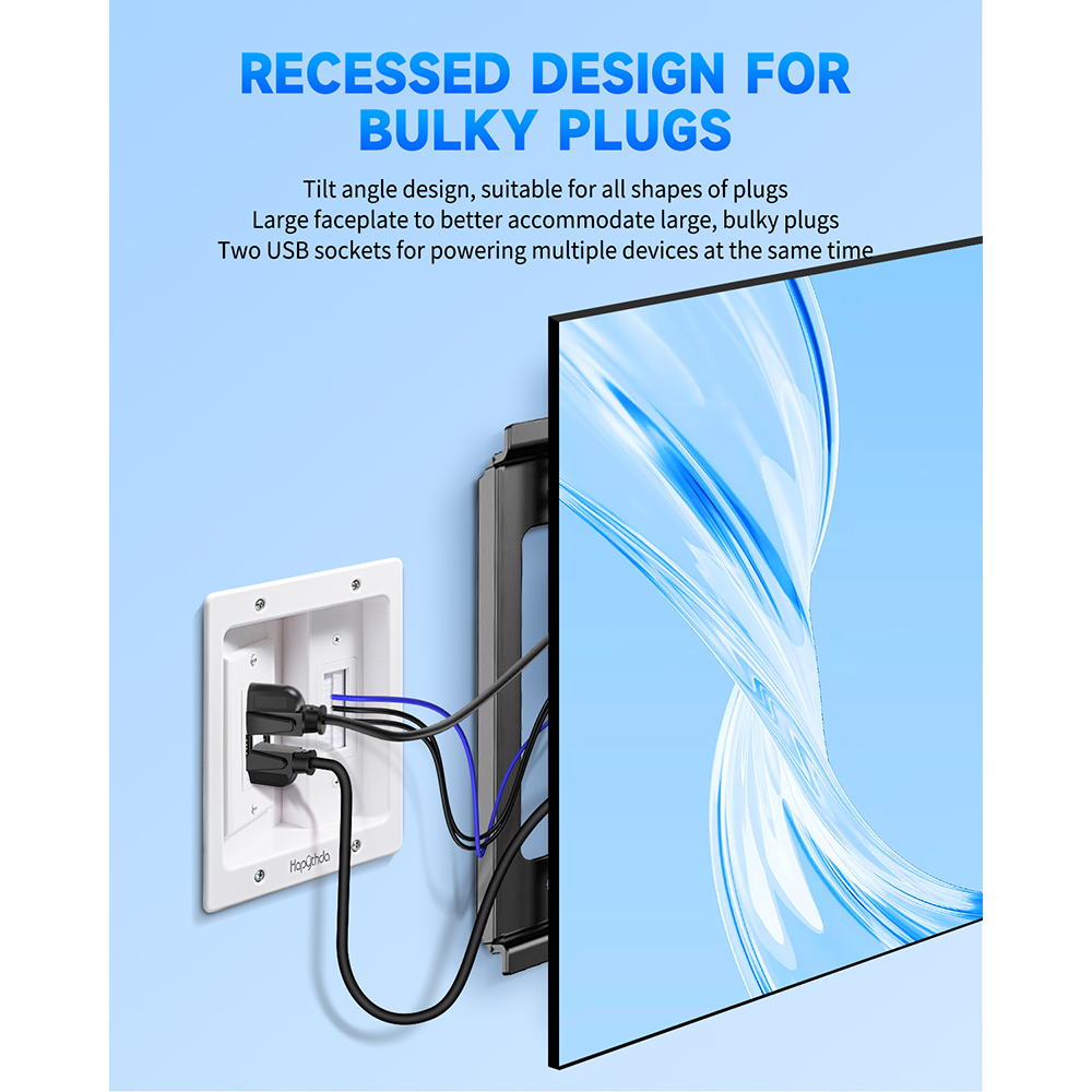 in Wall Cable Management Kit for TV, Recessed Outlet with 2 AC & 2 USB, TV Cable Hider Wall Kit, Wall Cable Management for Low Voltage, TV Cord Hider for Wall Mounted TV, White