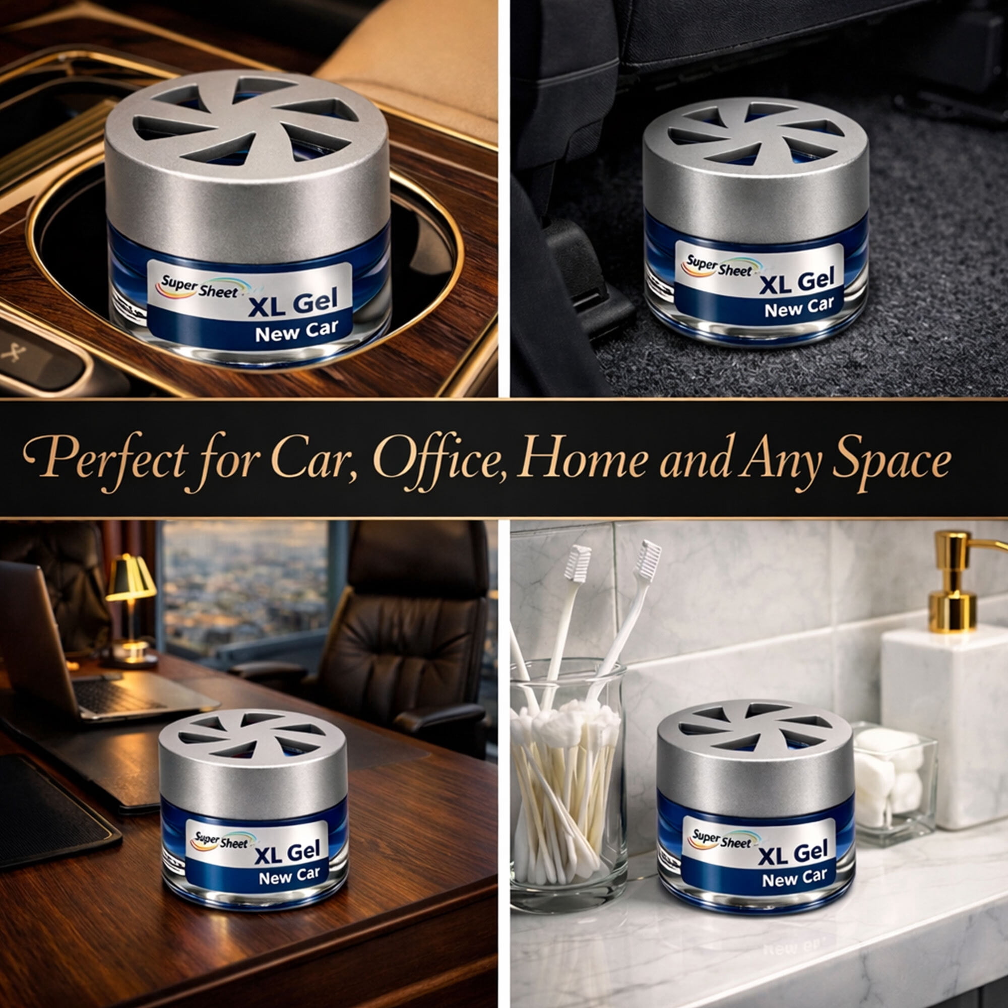 Super Sheet XL Gel Car Air Freshener - New Car Scent, Luxury Glass Jar Auto Fragrance, Long Lasting Gel Diffuser for Car, Home & Office - Made in USA, 4 Pack