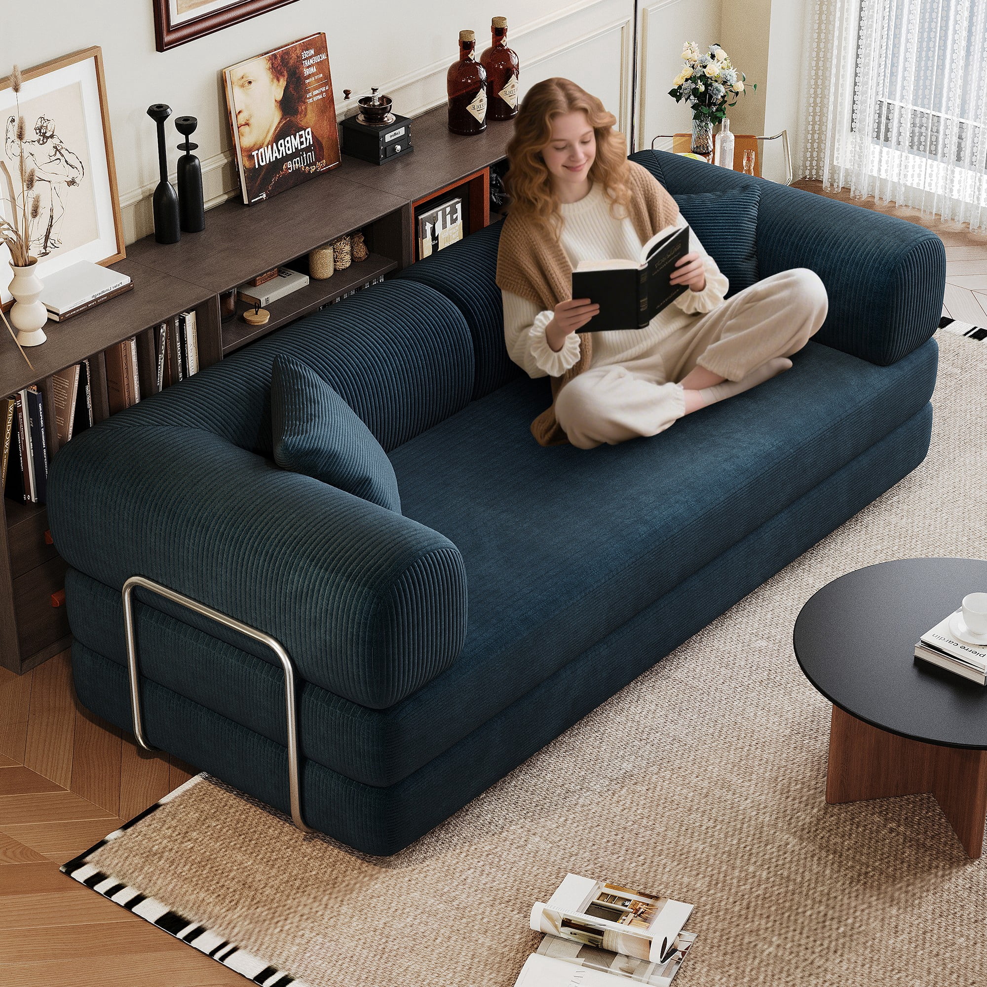 78.8" Compression Sofa Bed, Convertible Floor Futon Couch with Pillow & Armrests, Modular Corduroy Sofa, Blue