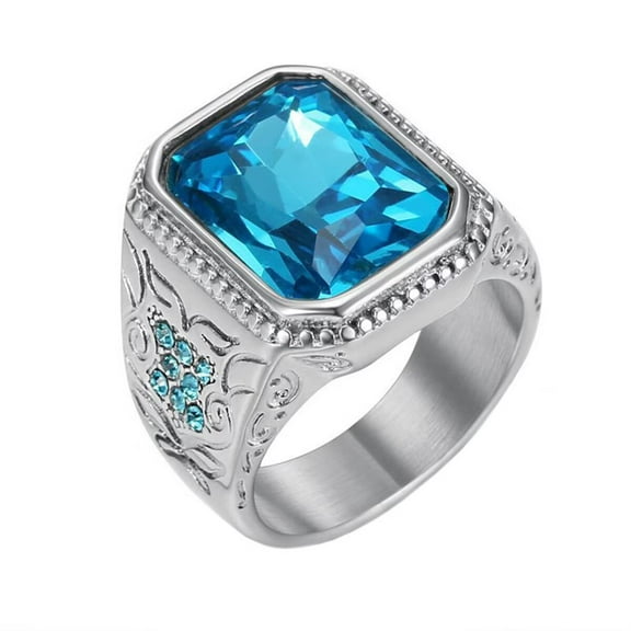 HIJONES Men's Women's Stainless Steel Chamfered Square Hip Hop Vacuum Gold Plated Ice Blue Rhinestone Glass Gemstone Ring Promise Gift Silver Size 8
