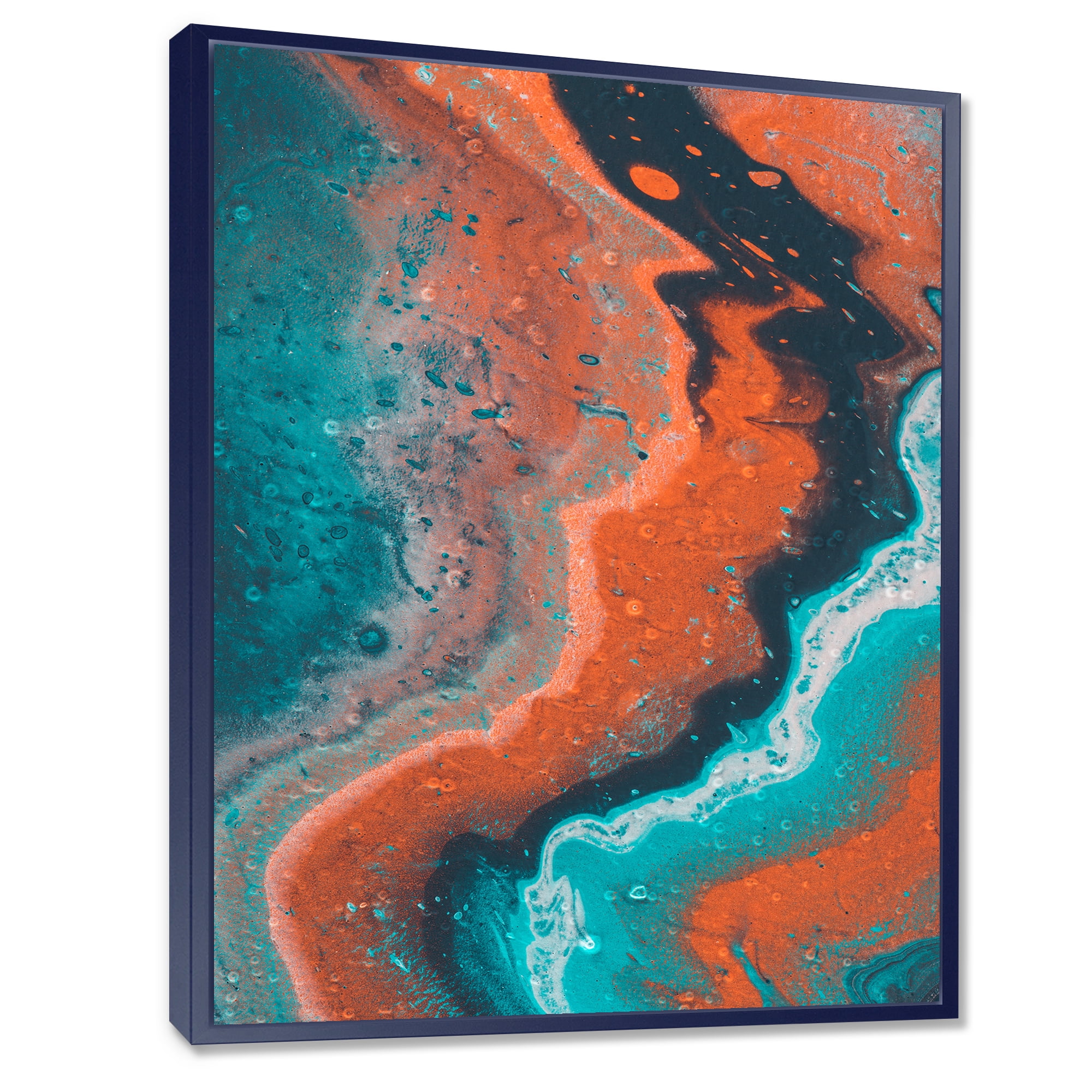 Designart 'Abstract Marble Composition In Orange and Blue I' Modern Framed Canvas Wall Art Print