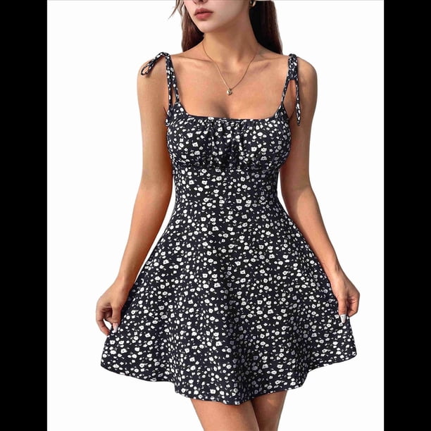 Vestido Bohemio Floral para Mujer, Mono con Tirantes Finos y Fruncido, Negro, Talla XL