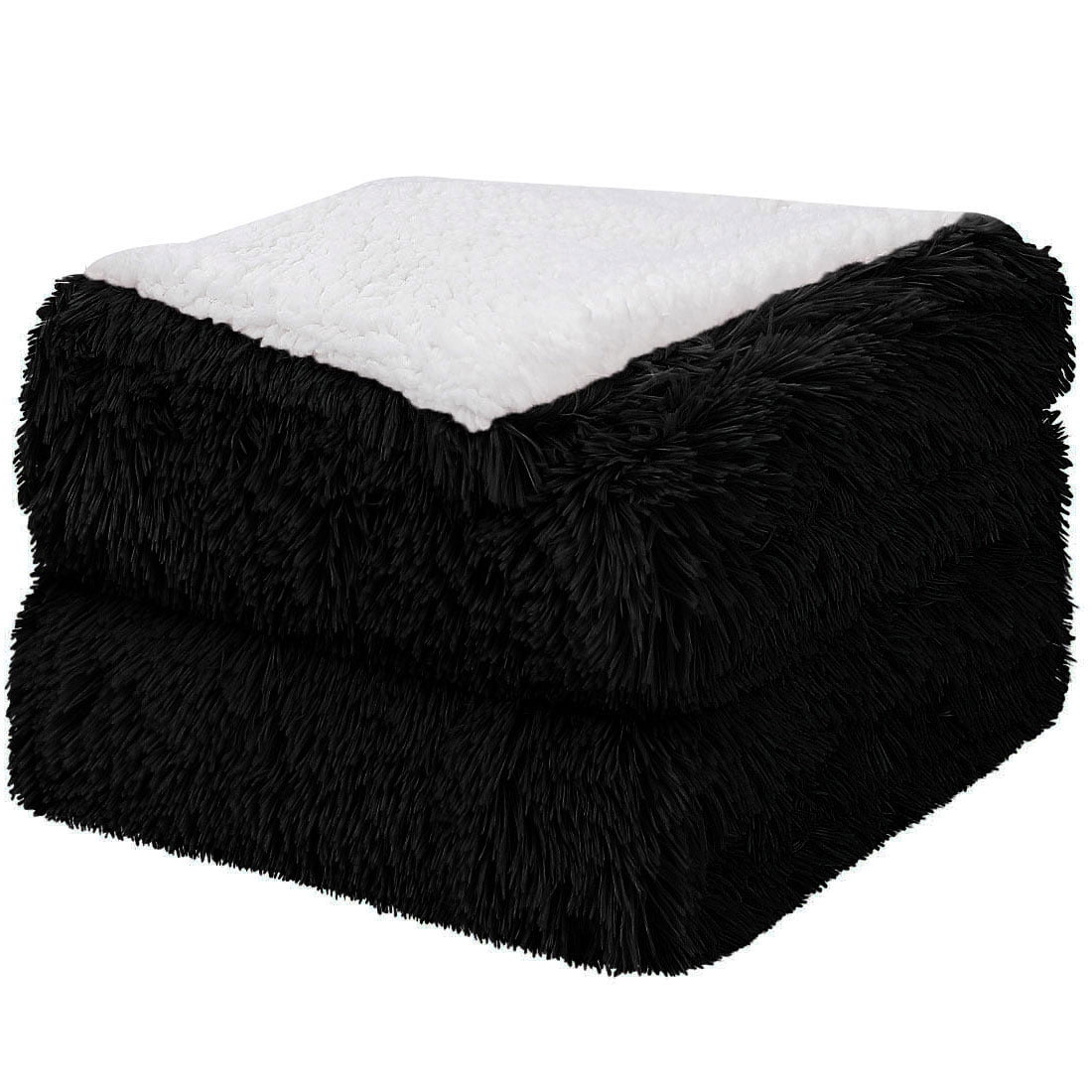 Luxury Shaggy Faux Fur Blanket Soft Sherpa Throw Blanket Black Queen(90