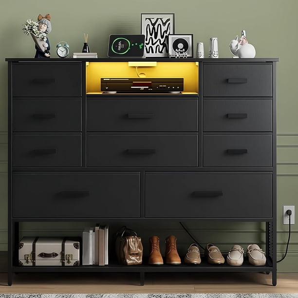Armario de cinco Cajones para Organizar el Dormitorio, con Enchufes Eléctricos con Indicadores LED y Puertos USB, Adecuado para Dormitorios, Salones y Oficinas, 120 x 30 x 100 cm (Negro)