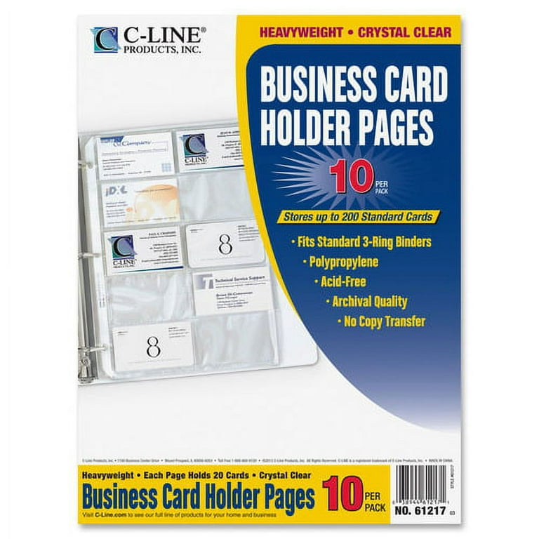 C-Line Business Card Holder Pages, Poly Without Tabs, 20 Cards/Page, 11 x 9 inch