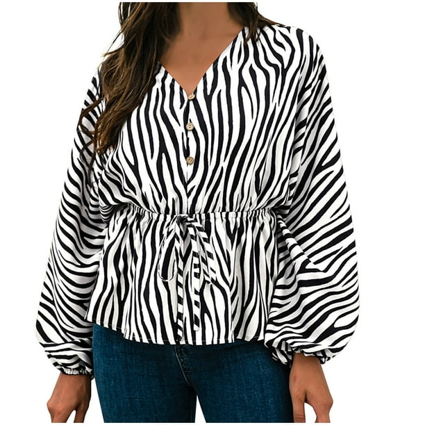 Moda mujer Casual impresión cuello en V manga larga otoño blusa Pullver Tops Pompotops FGAJ15674