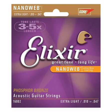 Elixir 16002-U 0.010-0.047 Gauge Nanoweb Phosphor-Bronze Acoustic Guitar Strings - Extra Light