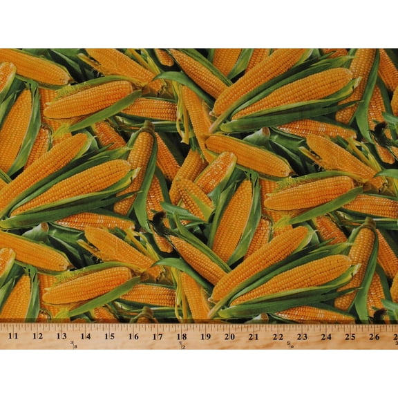 Cotton Food Festival Yellow Corn on the Cob Vegetables Veggies Cotton Fabric Print by the Yard (435-yellow)