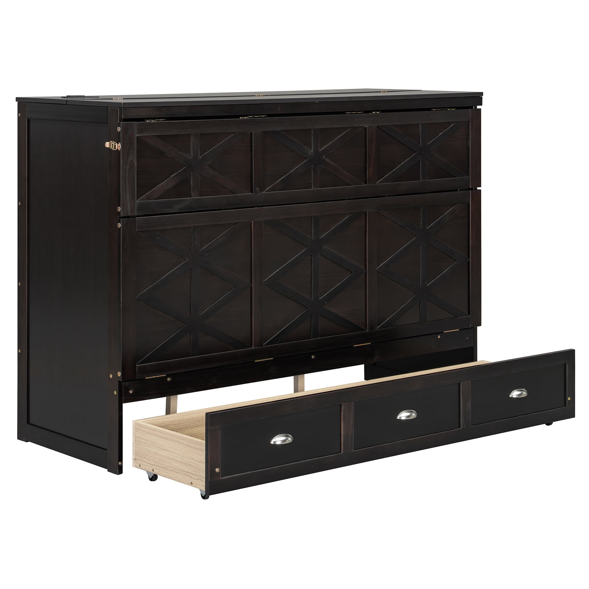 Mintazer Queen Size Murphy Bed with Charge Station & 3 Storage Drawers, Farmhouse Geometric Pattern Foldable Cabinet Wall Bed for Guest Room Small Apartment, Espresso