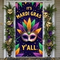 thumbnail image 3 of Golden Mask Mardi Gras Banner Colorful Feathers Carnival Display Purple Green Gold Beaded Decoration Festive Backdrop for Carnival Party Mardi Gras Celebration Festival Parade, 3 of 9