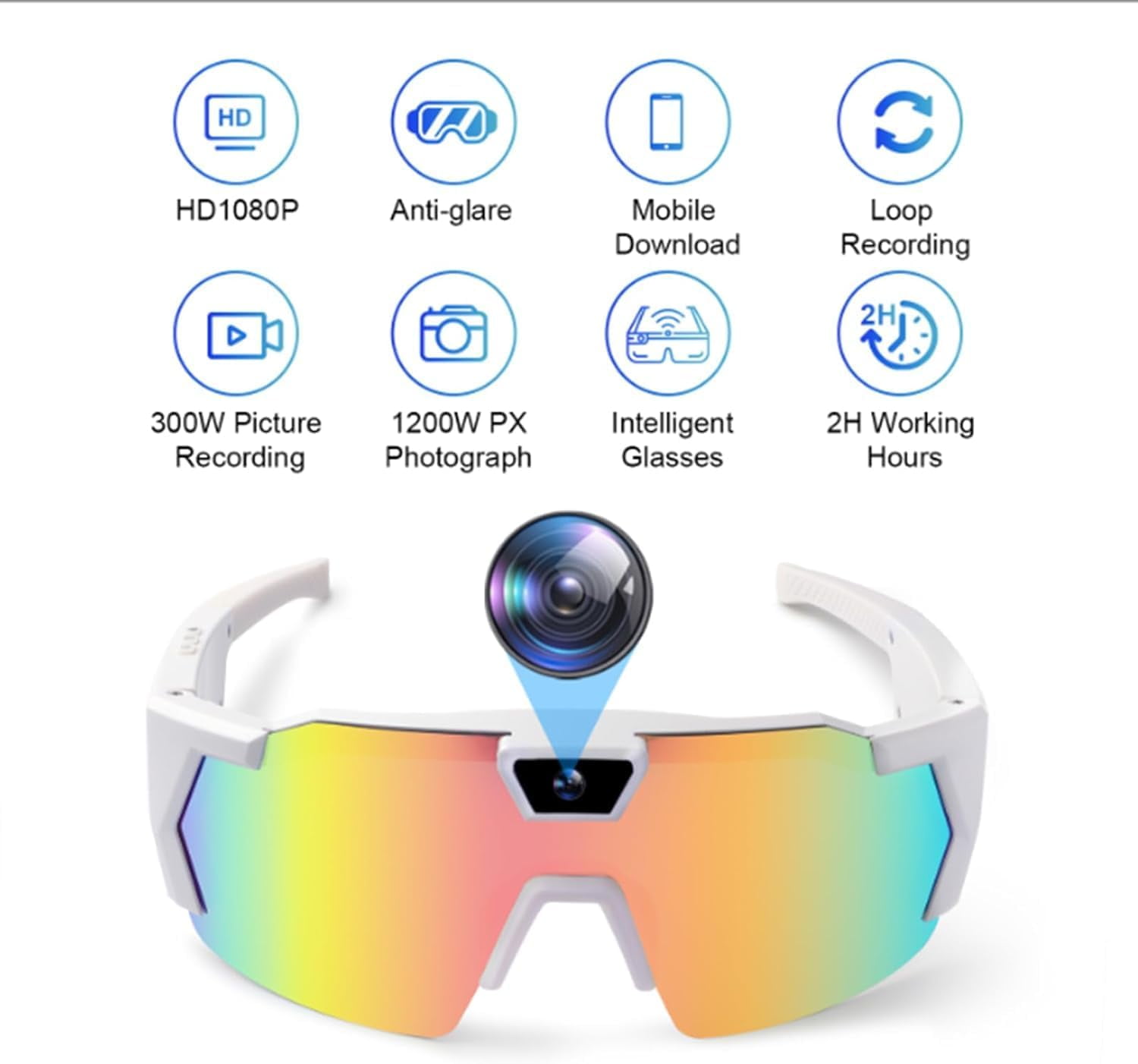 Wiher Smart Camera Glasses, 4k POV Sports Glasses HD Recording Video, Cycling Action Sunglasses, Wearable Audio Take a Picture Wireless Photography Shooting VCR，Suitable for Men and Women(Color)