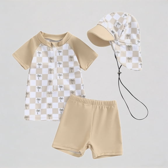 REDARER Toddler Boys' 3-Piece Swim Set – Plaid Tree Print Rash Guard Trunks Adjustable Swim Cap, Stylish UV-Protective Beach Swimwear,0-6 Months