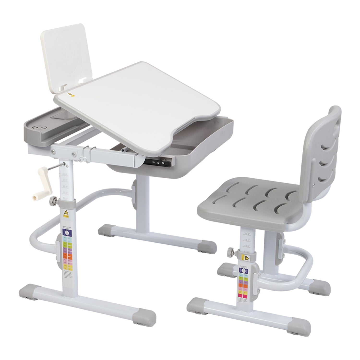 Lowestbest Kids Desk and Chair Set with Hand-Operated Lifting Table Top, Height Adjustable Children's Study Table With Reading Frame, Gray Lowestbest Kids Desk and Chair Set with Hand-Operated Lifting Table Top, Height Adjustable Children's Study Table With Reading Frame, Gray