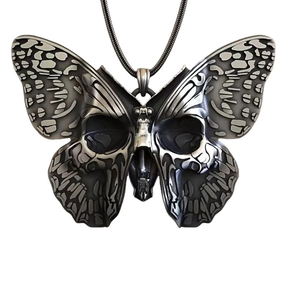 Symbolic Goth Jewelry Necklace Alloy Construction Feature Themed Skull Butterfly Pendant Neck Chain