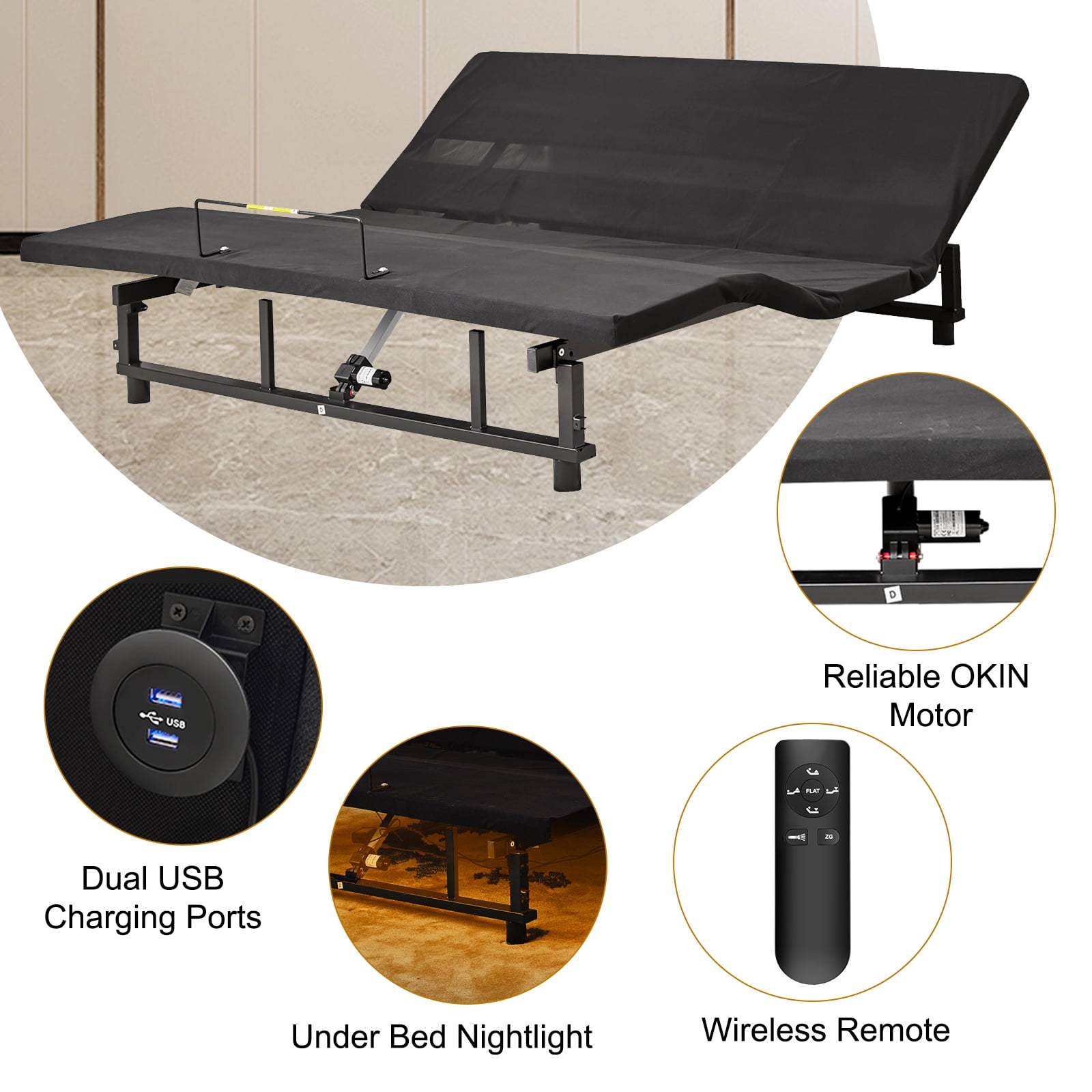 Alvantor Queen Size Electric Adjustable Bed Frame with Wireless Remote,Zero Gravity Base, USB Ports, LED Lights, Black