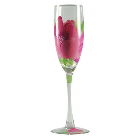 5.75 Ounce Glass - Set of 2 Pink Peony Floral Hand Painted Champagne Flute Glasses - 5.75 Ounces