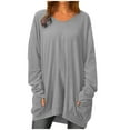 thumbnail image 2 of CEHVOM Mode d'Été pour Femmes Manches Longues Col Rond Poche Solide Hauts Décontractés Blouse, 2 of 6
