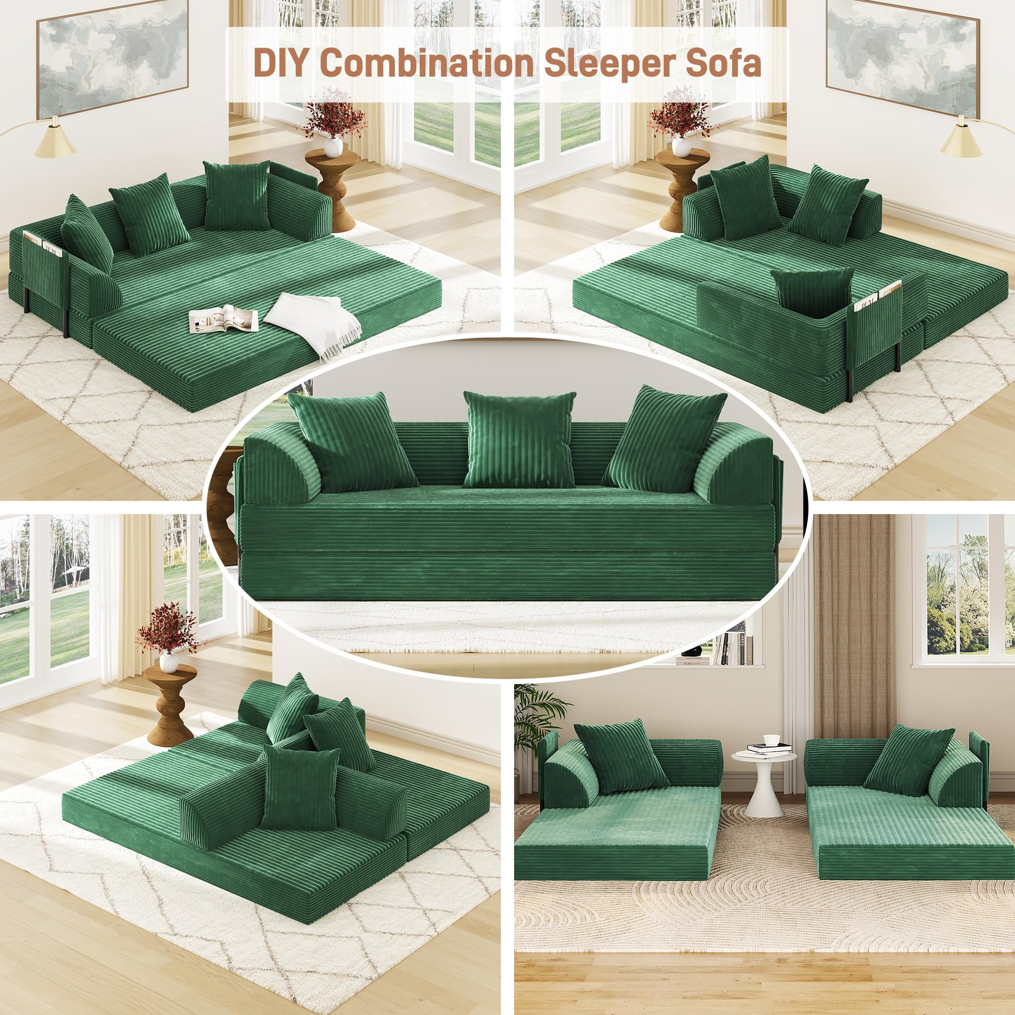 Blotout 5-in-1 Folding Convertible Sofa Bed with 3 Pillows, 79" Large Corduroy Boneless Couch with Armrest Pockets, Lounge Loveseat Sleeper with Pull Out Bed for Living Room Bedroom, Green