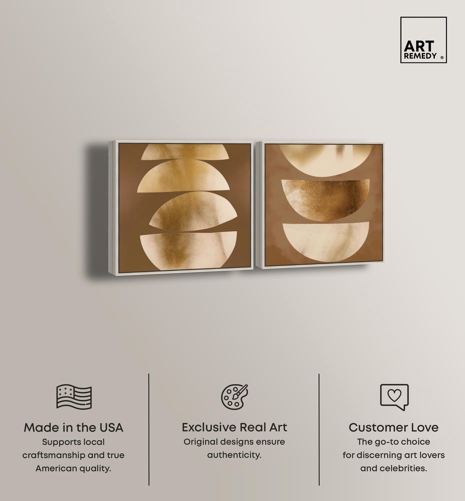 Gold Crescents Diptych Canvas Print Beige Wall Decor Set by Art Remedy, Silver Frame, 30 x 30