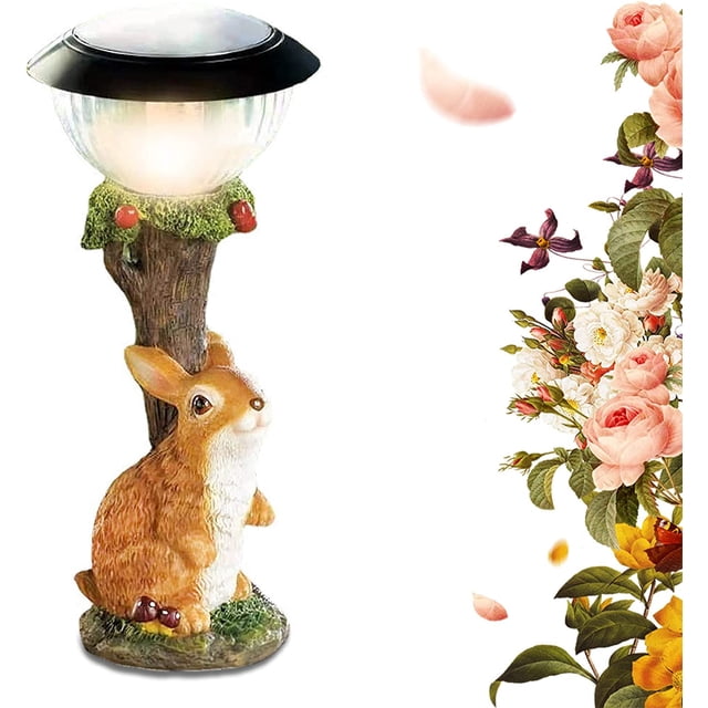 Adornos solares de animales para jardín, estatuas de conejo de resina con linterna, impermeables, decorativas, para exteriores, luces de terraza para patio, jardín, pasarela y jardín.