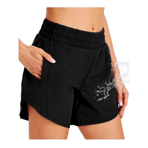 5" Athletic Running Shorts for Women with Zipper Pocket Quick Dry High Waisted Gym Workout Shorts with Liner Black L