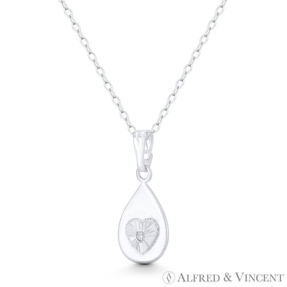 Tear-Drop & Heart w/ CZ Crystal 21x9mm (0.8x0.4in) Pendant & Chain Necklace in .925 Sterling Silver