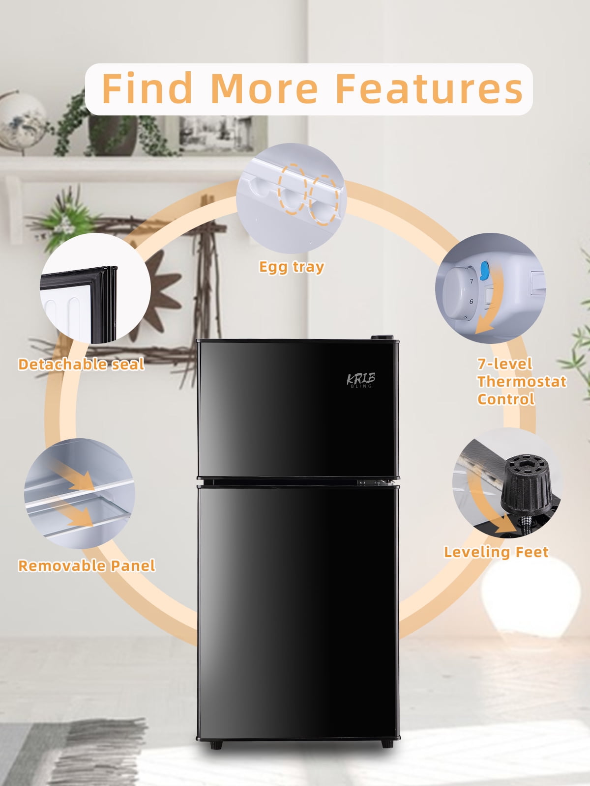 Krib B Compact Refrigerator 3.5 Cu.ft, Mini Fridge with Freezer, Modern Fridge with Dual Door, 7 Grade Temperature Adjustment, Black