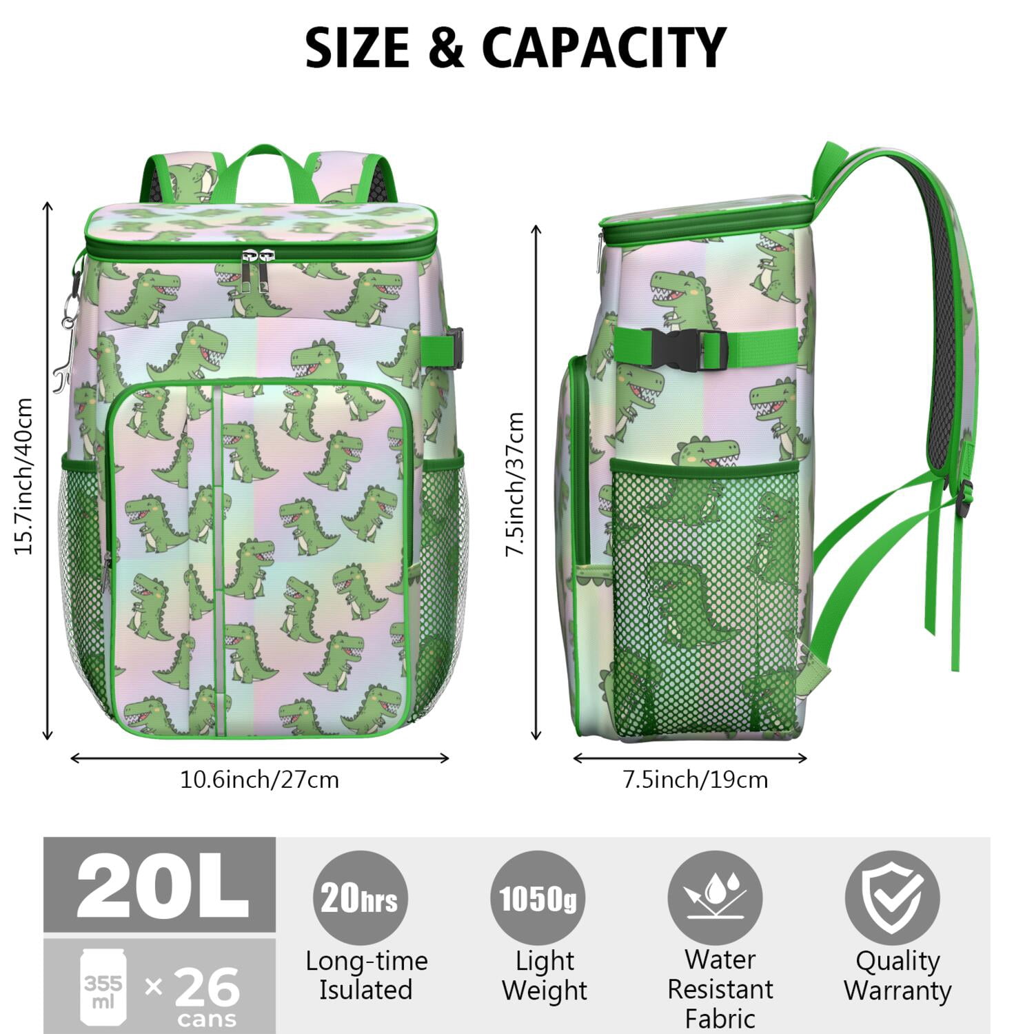 Travel Cooler Bag - Cute Green Dinosaurs Gradient Pattern Camping Beer Cooler Backpack with Bottle Opener- Waterproof Insulated Picnic Backpacks - Cooler Bag for Beach